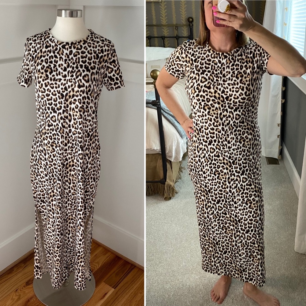 Leopard Tee Shirt Maxi Dress- Size Medium